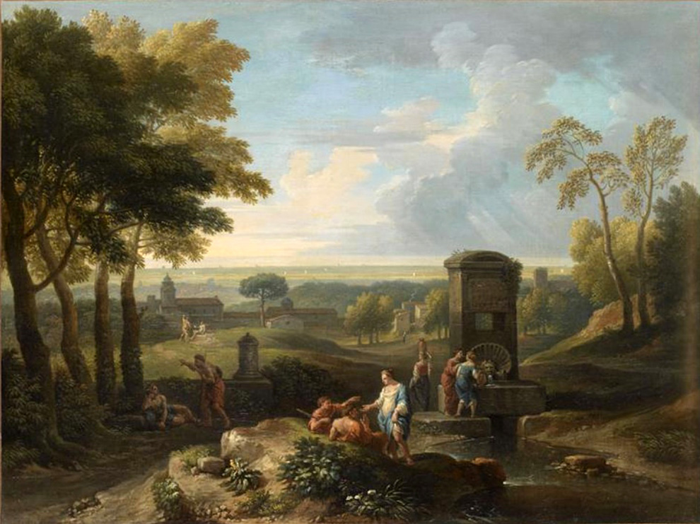 italian view with women at a fountain by Jan Frans Van Bloemen